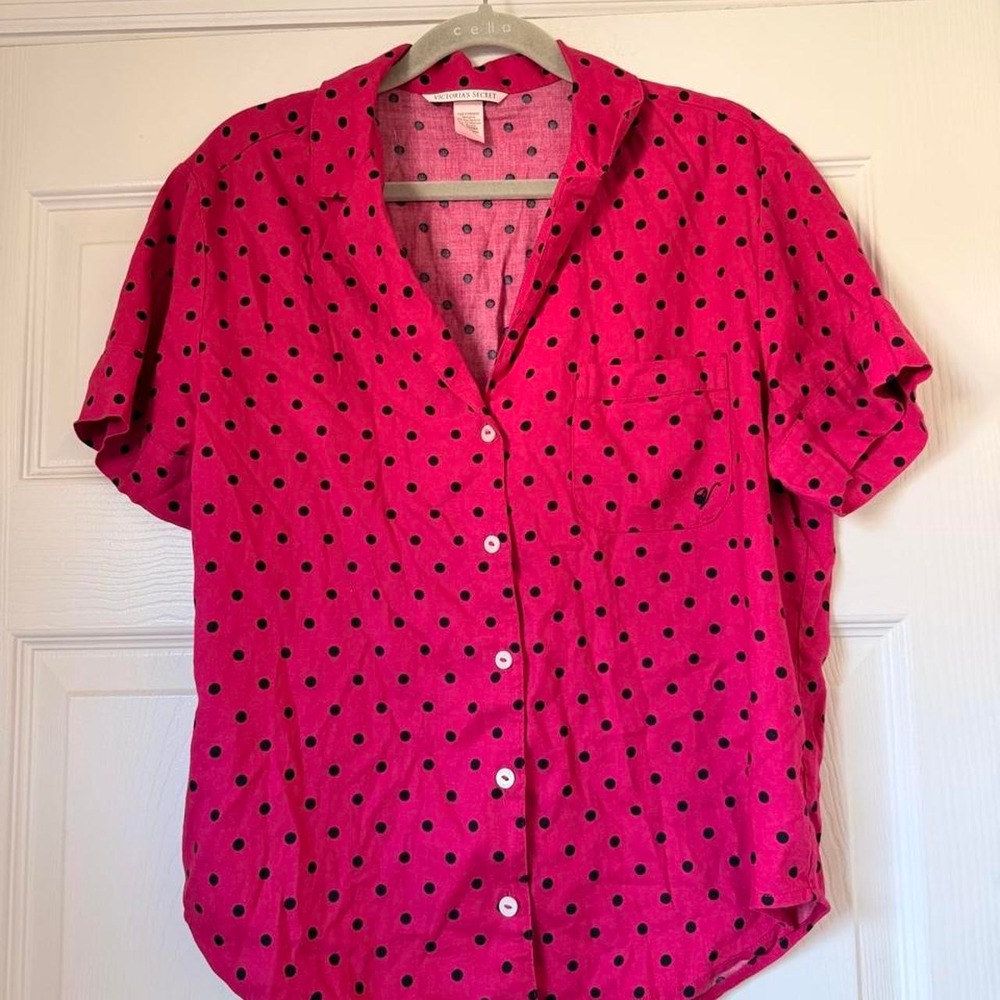 Victoria's Secret Pink Black Polka Dot Pajama Top Short Sleeve Button Down XS